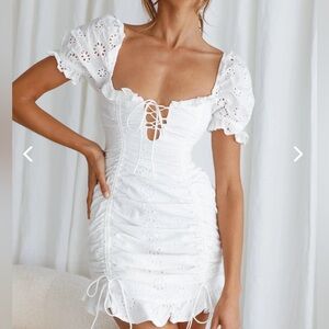NWT Hello Molly White Lace Up Bust Ruffle Dress | White